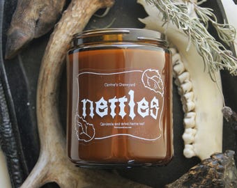 Nettles Candle - handmade Gardenia scented Nettle leaf topped eco soy candle - Ethel Cain inspired