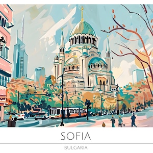 Può includere: Una rappresentazione artistica di Sofia, Bulgaria, con una grande cattedrale con una cupola verde e una croce d'oro. L'immagine include una scena di strada con un tram, edifici e alberi, con il nome della città e del paese in basso.