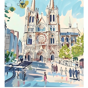 May include: An artistic print of a cathedral in Dublin, Ireland, rendered in a watercolor style. The image features the cathedral's facade, with a detailed rose window and tall spires. The word "DUBLIN" and "IRELAND" are printed at the bottom.