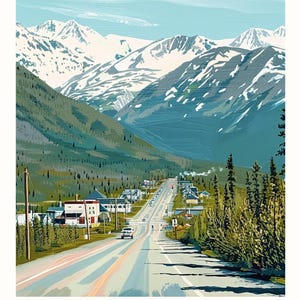 Può includere: Una stampa panoramica di Coldfoot, Alaska, con una strada che si snoda attraverso una valle verso montagne innevate sotto un cielo blu. L'opera d'arte mostra un villaggio con edifici e alberi lungo la strada, con il testo "COLDFOOT ALASKA" in basso.