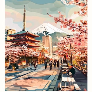 Può includere: Stampa artistica digitale di Tokyo, Giappone, con una pagoda rossa a più livelli, fiori di ciliegio e il Monte Fuji sullo sfondo. La parola "TOKYO" è visualizzata sotto l'immagine, con "JAPAN" sotto.