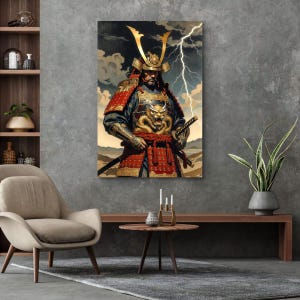 Golden Dragon Samurai Armor Epic Warrior Lightning Storm Canvas Print - Mythical Japanese Samurai Wall Art Rolled Canvas