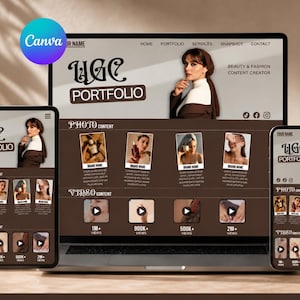 Può includere: Un modello digitale per un portfolio UGC visualizzato su un computer portatile, un tablet e uno smartphone. Il design presenta una combinazione di colori marrone e bianco con sezioni per contenuti foto e video, icone social e testo.