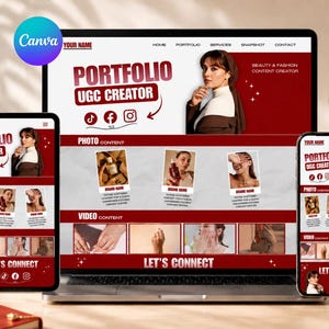 Può includere: Un modello di portfolio digitale per un creatore UGC visualizzato su laptop, tablet e smartphone. Il design presenta una combinazione di colori rosso scuro e bianco con sezioni per contenuti fotografici, video e informazioni di contatto.