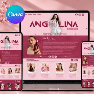 Può includere: Un modello di sito web portfolio digitale visualizzato su un computer portatile, un tablet e uno smartphone. Il design presenta una combinazione di colori rosa con il nome Angelina Harrison, UGC Creator Portfolio e sezioni per foto e video.