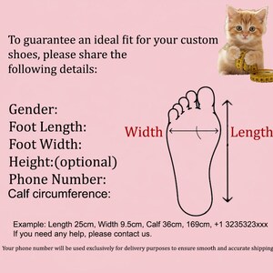 May include: Pink background with text and a cartoon foot outline for custom shoe sizing. Details requested include gender, foot length and width, height, phone number, and calf circumference. A kitten with a measuring tape is in the corner.