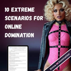 Könnte beinhalten: Eine Frau trägt einen rosa Spitzenbody und eine schwarze Lederjacke mit Nieten. Das Bild enthält den Text "10 Extreme Scenarios for Online Domination" und ein Tablet mit Text. Ein Banner zeigt "Divine Domination".