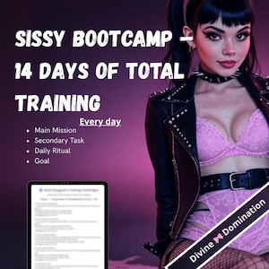 Peut inclure: Image publicitaire pour un "Sissy Bootcamp" avec le texte "14 JOURS DE FORMATION TOTALE." L'image présente une femme en lingerie et veste en cuir. Le texte inclut "Main Mission," "Secondary Task," "Daily Ritual," et "Goal."