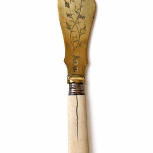 Victorian Brass Butter Knife with Ivy Engraved Blade c1900 – Bone Handle – AA Hallmark