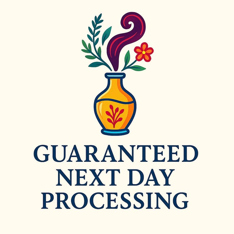 May include: A logo featuring a yellow vase with a red floral design, topped with green leaves, a red flower, and a purple swirl. The text below reads "GUARANTEED NEXT DAY PROCESSING" in navy blue.