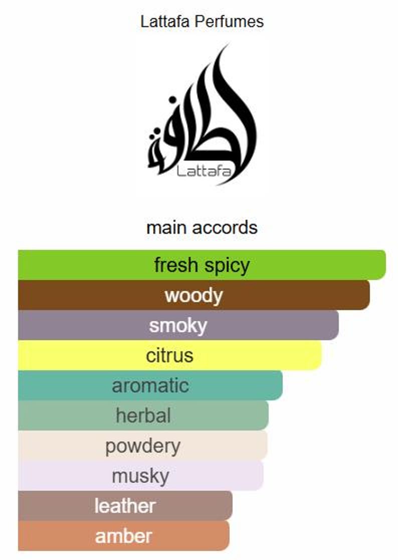 Puede incluir: Imagen que presenta el logotipo de Lattafa Perfumes y un gr&aacute;fico que ilustra los principales acordes de fragancia. Los acordes se enumeran como fresco especiado, amaderado, ahumado, c&iacute;trico, arom&aacute;tico, herbal, empolvado, almizclado, cuero y &aacute;mbar.