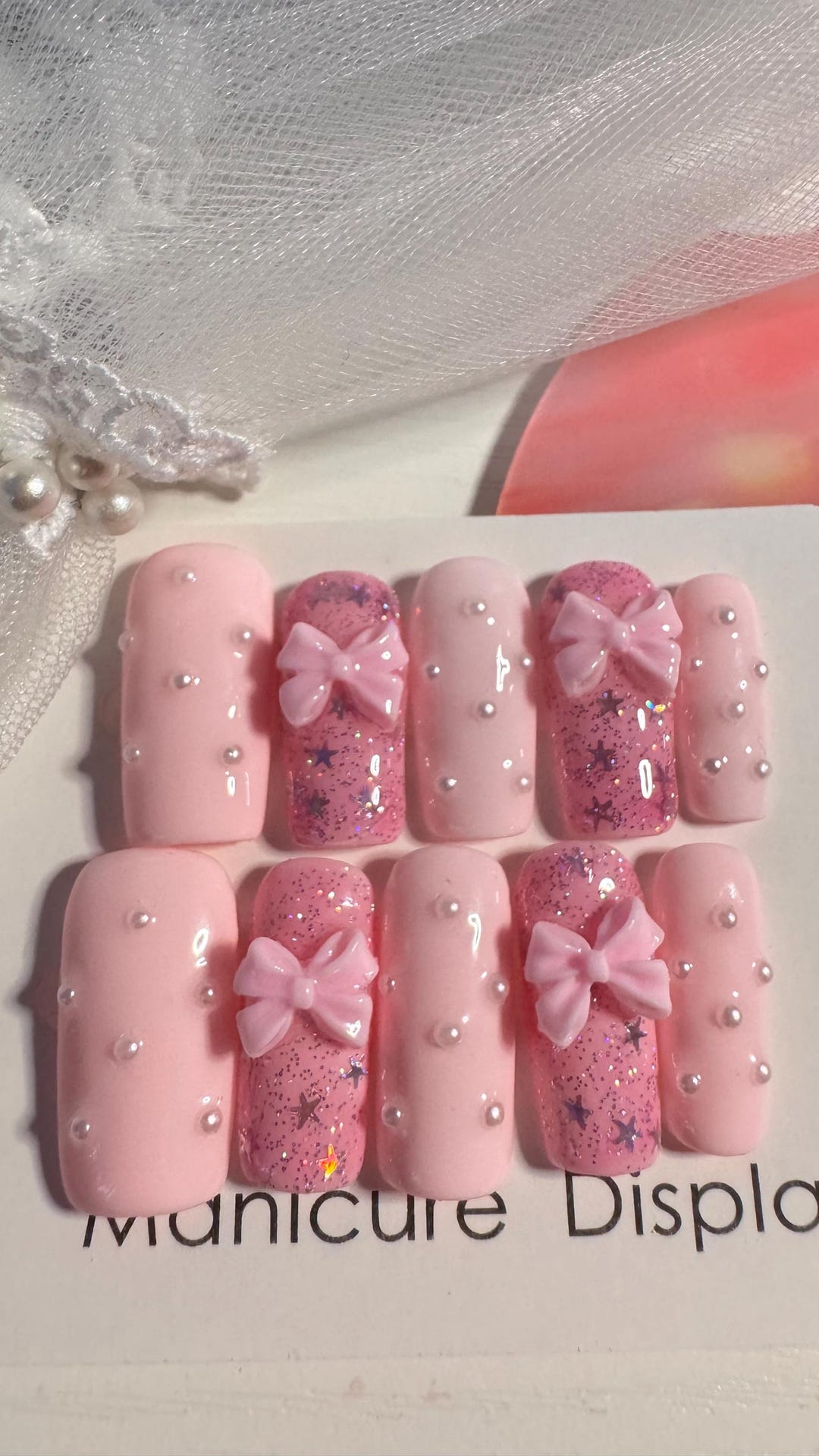 Pink Ribbon Nail Ribbon Pink Glitter Ribbon Press on Nails | Cute Pink Nails | Sparkly Ribbon ...