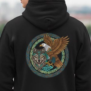 Sudadera con capucha y cremallera con diseño de águila y lobo / Gráfico de animales salvajes y de la naturaleza, sudadera clásica y cómoda