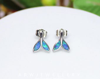 Blue Opal Whale Tail Earrings, Australian Opal Marine Stud Earrings, Unique Birthday Gift for Her, Nautical Cottagecore Jewelry