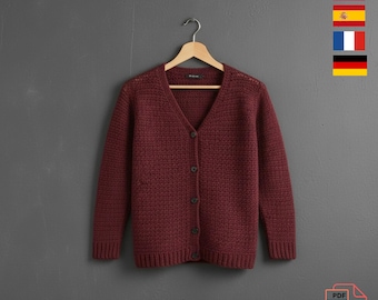 Crochet Cardigan Pattern, V-Neck Ribbed Adult Sizes PDF Download