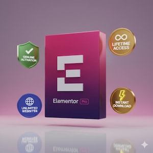 Może przedstawiać: Cyfrowe pudełko produktu z logo i tekstem Elementor Pro. Pudełko otoczone jest ikonami z tekstem: "Genuine Activation", "Unlimited Websites", "Lifetime Access" i "Instant Download". Tło to gradient fioletu i różu.
