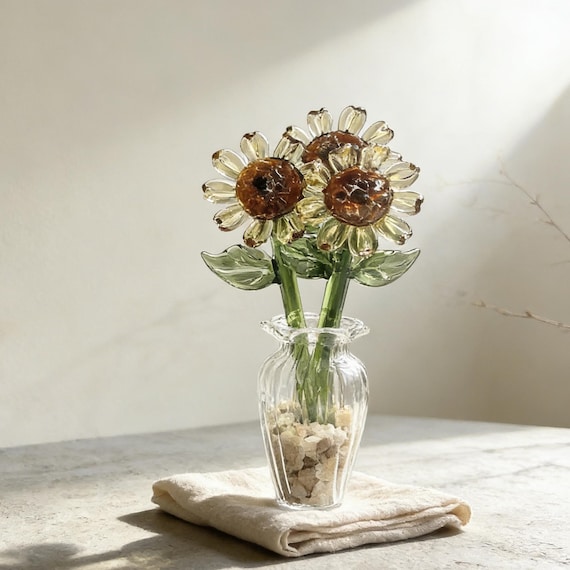 Lampwork Sunflower Ornament, Handmade Mini Plant Decor, Glass Flower Decoration, Desk Ornament, Botanical Gift