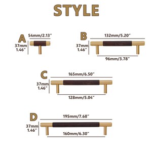 Peut inclure: L'image pr&eacute;sente quatre styles de poign&eacute;es de meubles. Chaque poign&eacute;e a un centre marron fonc&eacute; avec des extr&eacute;mit&eacute;s et des poteaux dor&eacute;s. Les mesures sont fournies en millim&egrave;tres et en pouces. Le mot "STYLE" est en haut.