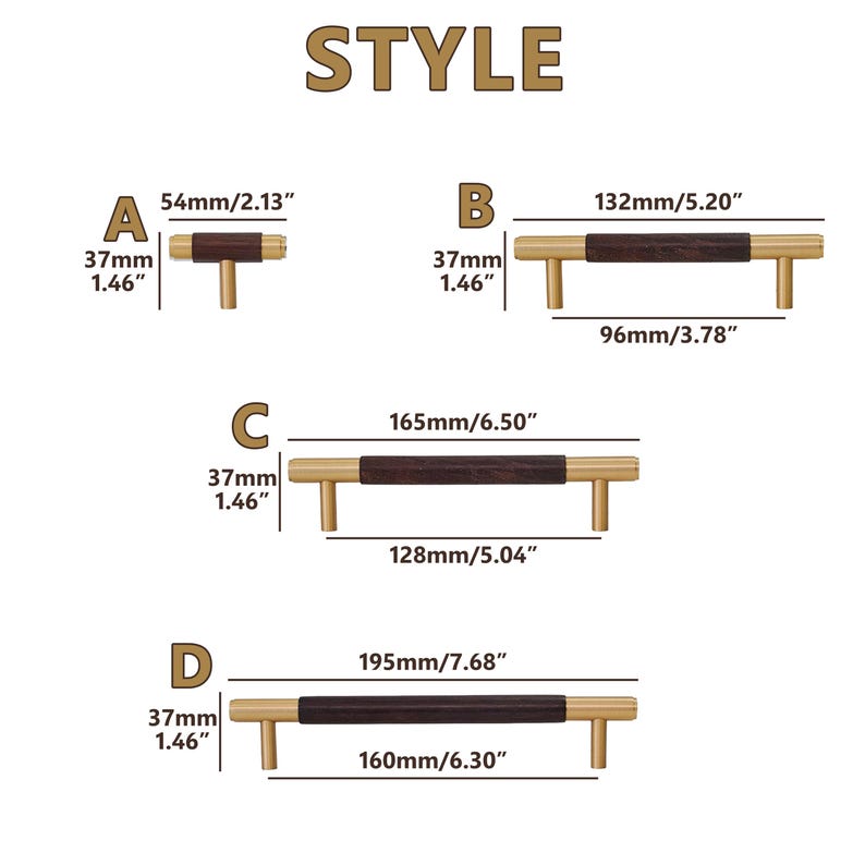 Peut inclure: L'image pr&eacute;sente quatre styles de poign&eacute;es de meubles. Chaque poign&eacute;e a un centre marron fonc&eacute; avec des extr&eacute;mit&eacute;s et des poteaux dor&eacute;s. Les mesures sont fournies en millim&egrave;tres et en pouces. Le mot "STYLE" est en haut.