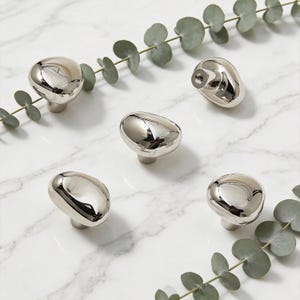 Puede incluir: Cinco tiradores de armario plateados pulidos con forma de guijarro suave y orgánico. Los tiradores están dispuestos sobre una superficie de mármol blanco, acentuados con ramitas de hojas de eucalipto verdes. Diseño moderno y minimalista.