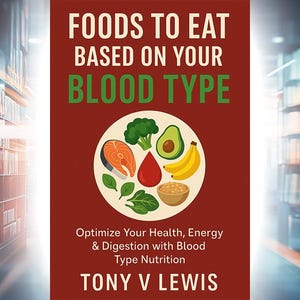 以下が含まれることがあります： 「FOODS TO EAT BASED ON YOUR BLOOD TYPE」というタイトルの本。白と緑の文字で書かれています。中央には、サーモン、アボカド、バナナなどの食品の円形イラストがあります。著者の名前、TONY V LEWISが下にあります。