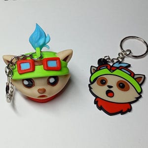 Op de afbeelding: Twee sleutelhangers met een stripfiguur. De ene is een 3D-gebeeldhouwde figuur met een groene hoed, een rode bril en een blauwe vlam. De andere is een platte sleutelhanger in cartoonstijl met een vergelijkbaar ontwerp, met een rode sjaal en een groene hoed.