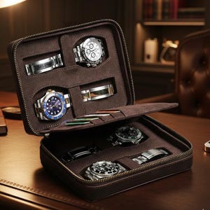 Cartera organizadora de relojes personalizada de cuero con 4 ranuras