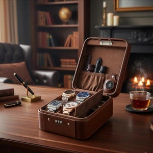 Watch box – Leather Travel Case with Lock, AirTag Holder & Multi-Slot Storage Organizer