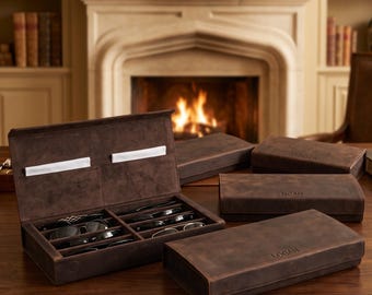 Leather Eyeglass Box with 8 Slots, Custom Embossing in Genuine Cow