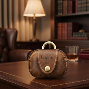 May include: A brown leather AirPods case with the name "Logan" embossed on the front. The case has a gold-colored metal clasp and a button closure. The case is sitting on a dark brown surface.