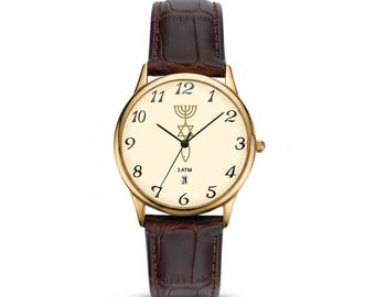 Messianic Judaica Watch • Gold-Plated, Leather Strap • Made in Israel