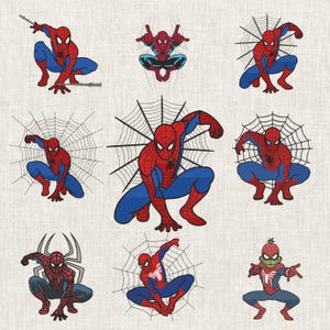 Może przedstawiać: Kolekcja dziewięciu ilustracji kreskówkowych Spider-Mana w różnych pozach akcji. Superbohater jest przedstawiony w swoim klasycznym czerwono-niebieskim kostiumie, a niektóre obrazy przedstawiają pajęczyny. Ilustracje znajdują się na jasnobeżowym tle.