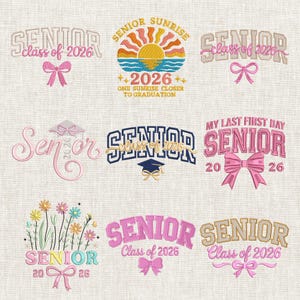 Paquete de diseños de bordado Coquette Senior, promoción de 2026, 5 tamaños, descarga instantánea de archivo digital PES DST