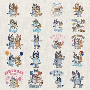 May include: A collection of embroidered patches featuring cartoon dogs in various poses. Some patches include the word "Bluey" or birthday greetings. The dogs are primarily blue, brown, and tan, with some holding balloons or wearing party hats.
