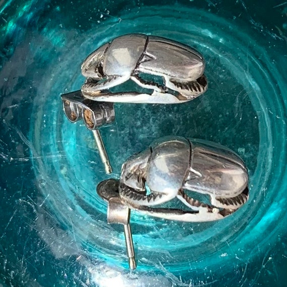 Silver Egyptian Scarab Post Earrings - Fine Detail - image 2