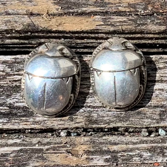 Silver Egyptian Scarab Post Earrings - Fine Detail - image 4