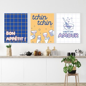 Set de 3 affiches cuisine colorées : bleu, jaune, rose (fichiers numériques à imprimer)