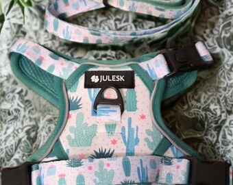 May include: A dog harness, leash, and waste bag set with a cactus print. The set includes a teal harness with black buckles, a matching leash, and a small bag. The brand name "Julesk" is visible on the items.