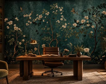 Chinoiserie Floral Teal Wallpaper Mural, Vintage Botanical Wall Decal, Dark Moody Home Decor, Sophisticated Nature Accent Wall