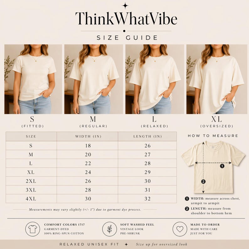 K&ouml;nnte beinhalten: Eine Gr&ouml;&szlig;entabelle f&uuml;r T-Shirts mit vier Bildern, die k&ouml;rperbetonte, regul&auml;re, lockere und &uuml;bergro&szlig;e Passformen zeigen. Sie enth&auml;lt eine Tabelle mit Breiten- und L&auml;ngenma&szlig;en in Zoll f&uuml;r die Gr&ouml;&szlig;en S bis 4XL sowie ein Messdiagramm.