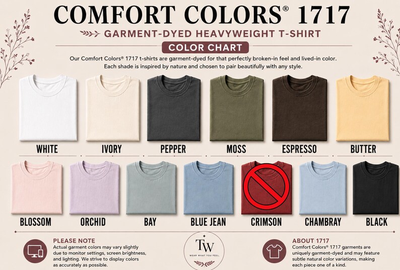 K&ouml;nnte beinhalten: Eine Comfort Colors 1717 Farbkarte f&uuml;r schwergewichtige, st&uuml;ckgef&auml;rbte T-Shirts mit vierzehn gefalteten T-Shirts in verschiedenen Farben: Wei&szlig;, Elfenbein, Pfeffer, Moos, Espresso, Butter, Bl&uuml;te, Orchidee, Bucht, Jeansblau, Karmesinrot mit Verbotszeichen, Chambray und Schwarz.