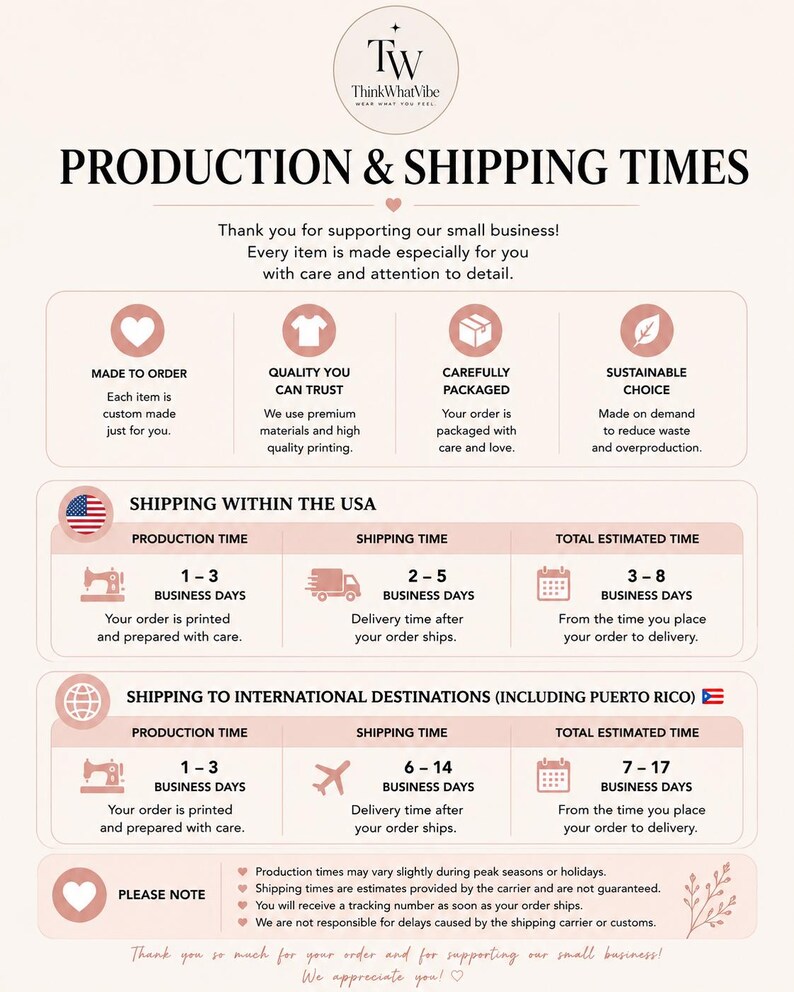 K&ouml;nnte beinhalten: Eine Infografik mit hellrosa Hintergrund und dem ThinkWhatVibe-Logo oben. Sie beschreibt Produktions- und Lieferzeiten f&uuml;r Bestellungen in den USA und international und verwendet Symbole f&uuml;r auftragsbezogene Fertigung, Qualit&auml;t und Nachhaltigkeit.
