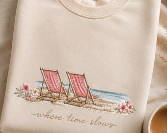 Kuscheliges Küsten-Sweatshirt mit bestickter Stickerei, süßer Strandpullover für Frauen, rosafarbener übergroßer Urlaub mit Rundhalsausschnitt