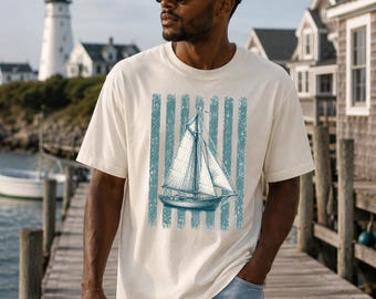 Vintage Segelboot Shirt, Küstenerbe T-Shirt, Nautische Strand Shirt, Ozean Liebhaber Geschenk, Komfort Farben 1717 Segelboot T-Shirt