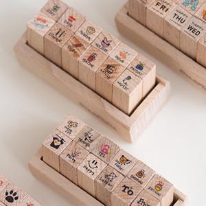 12-delige houten ministempels met dagelijkse pictogrammen – stempelset voor dagboek, planner en scrapbooking