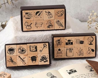 Vintage Wooden Rubber Stamps Set - 4 Theme Collections for Journaling & DIY Crafts
