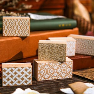 Retro Qiwen Wooden Stamps Set – 6 Elegant Patterns for Crafting & Journaling