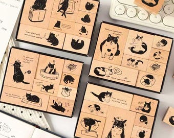 Set de sellos de madera "Cat Life" (4 estilos a elegir) - Scrapbooking, Journaling