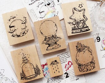 6 Magical Wooden Stamps: Crystal Ball, Whale Moon, Snow Globe ,Star Trophy