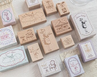 Vintage Wooden Rubber Stamps, Fairy Tale Journaling Seal: Carousel, Angel, Cake, Ballet Shoes, Chandelier |DIY Scrapbooking Stationery Gift